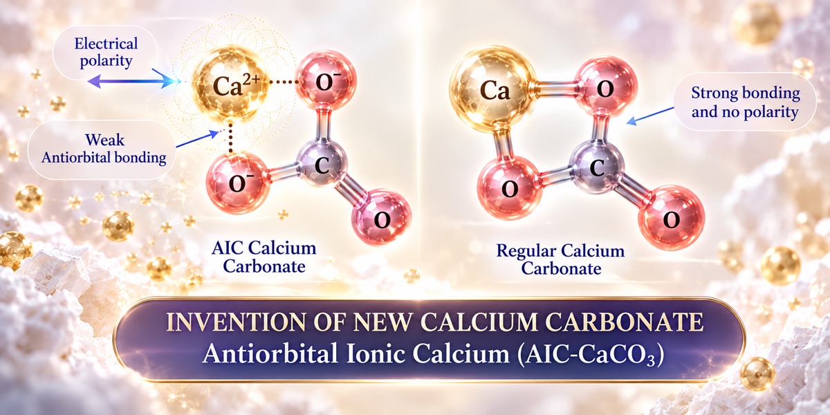 Diagram comparing AIC calcium carbonate, whose calcium ion has electrical polarity and weak antiorbital bonding, with regular calcium carbonate, which has strong bonding and no polarity: the invention of a new calcium carbonate, Antiorbital Ionic Calcium (AIC-CaCO3).
