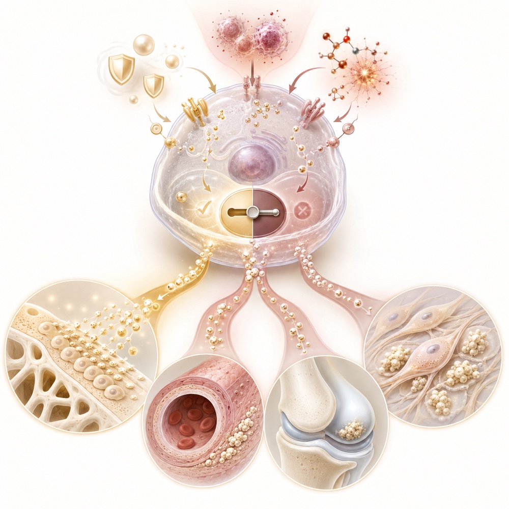 Illustration of systemic calcium signaling across bone, blood vessels, and joints