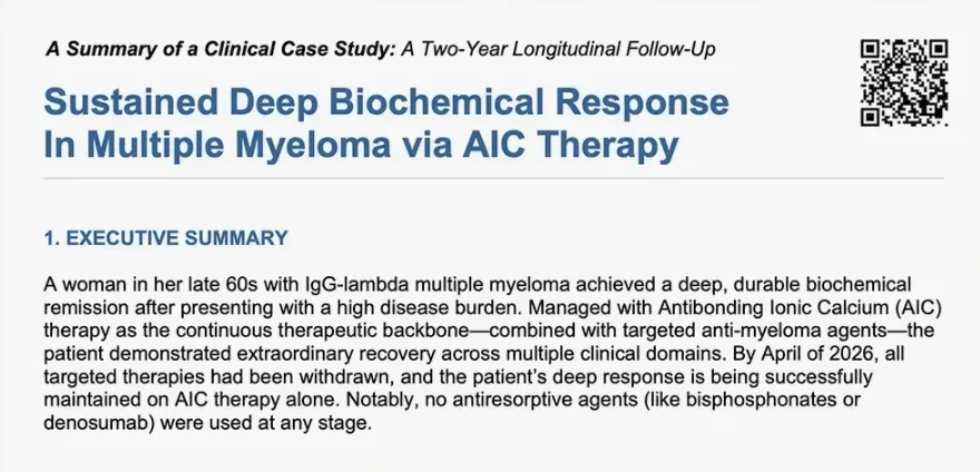 First page of the case report summary: Sustained Deep Biochemical Response in Multiple Myeloma via AIC Therapy, a two-year longitudinal follow-up